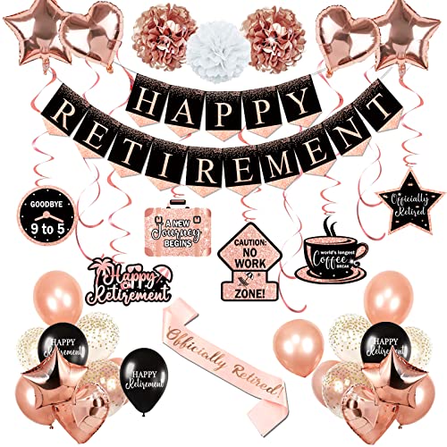 Retirement Party Decorations for Women, Rose Gold Happy Retirement Banner, Retirement Hanging Swirl, Officially Retired Sash for Women Retirement Party Supplies