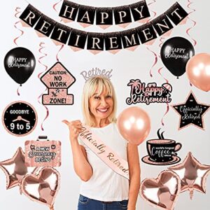 Retirement Party Decorations for Women, Rose Gold Happy Retirement Banner, Retirement Hanging Swirl, Officially Retired Sash for Women Retirement Party Supplies