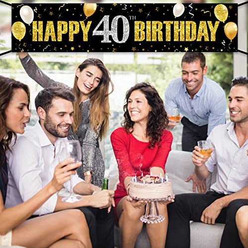 40th Birthday Banner Decorations for Men Women, Black Gold Happy 40 Birthday Yard Banner Sign Party Supplies, Forty Year Old Birthday Party Decor for Indoor Outdoor