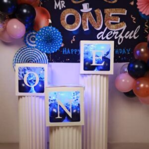 FIGEPO First Birthday Balloons Boxes with 3 LED String Lights and 12 Blue Balloons 12 Confetti Balloons ONE Transparent White Blocks for Baby Boy 1st Birthday Decorations baby shower Photo Shoot Prop
