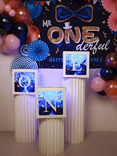 FIGEPO First Birthday Balloons Boxes with 3 LED String Lights and 12 Blue Balloons 12 Confetti Balloons ONE Transparent White Blocks for Baby Boy 1st Birthday Decorations baby shower Photo Shoot Prop