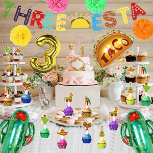 Mexican Third Birthday Party Decoration, Three-Esta Party Fiesta Decorations, 3rd Birth Cinco De Mayo Mexican Themed Taco Party Decorations with Fiesta Paper Fans and Tissue Pom Paper Flowers for Baby