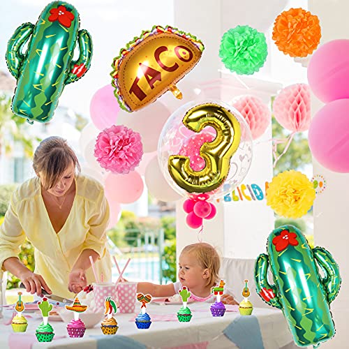 Mexican Third Birthday Party Decoration, Three-Esta Party Fiesta Decorations, 3rd Birth Cinco De Mayo Mexican Themed Taco Party Decorations with Fiesta Paper Fans and Tissue Pom Paper Flowers for Baby