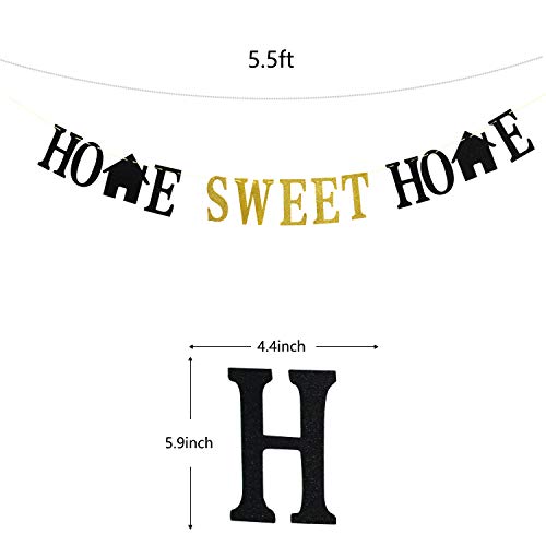 Home Sweet Home Banner - Welcome Home Bunting Garland for Housewarming/Family Party Decorations, Welcome Home Sign Gold Black Glitter.