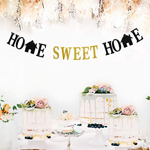 Home Sweet Home Banner - Welcome Home Bunting Garland for Housewarming/Family Party Decorations, Welcome Home Sign Gold Black Glitter.