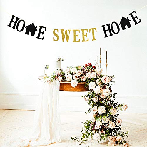 Home Sweet Home Banner - Welcome Home Bunting Garland for Housewarming/Family Party Decorations, Welcome Home Sign Gold Black Glitter.