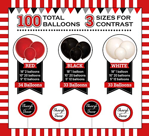 100 Red Black and White Balloons - Small & Large Red and Black Balloons Party Decorations Supplies Pack for Deadpool Birthday, Lumberjack Baby Shower, Graduation, Pirate, Ladybug, Race Car, Poker…