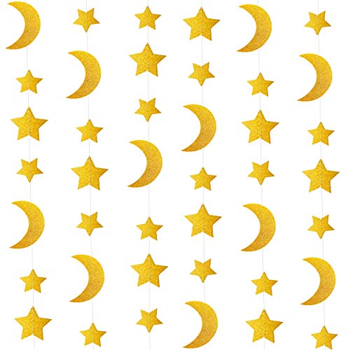 Glitter Gold Twinkle Stars Crescent Paper Garlands Hanging Decorations Honey Moon Wedding Engagement Favors Baby Shower Birthday Christmas Party Table Centerpieces Decorations, 29ft