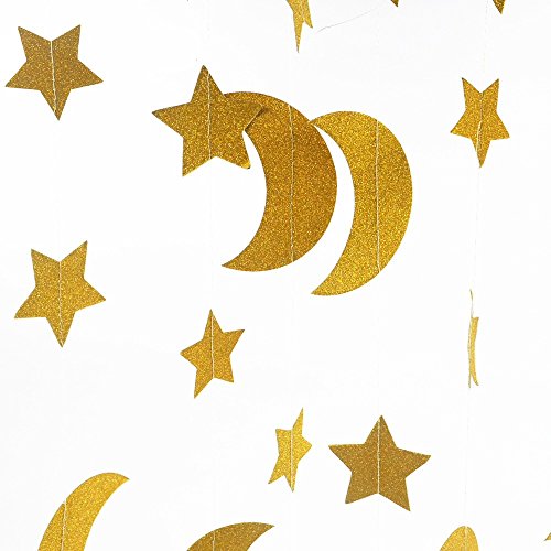 Glitter Gold Twinkle Stars Crescent Paper Garlands Hanging Decorations Honey Moon Wedding Engagement Favors Baby Shower Birthday Christmas Party Table Centerpieces Decorations, 29ft