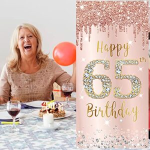 65th Birthday Decorations Door Banner for Women, Pink Rose Gold Happy 65 Birthday Backdrop Party Supplies, 65 Year Old Birthday Poster Door Cover Sign Decor