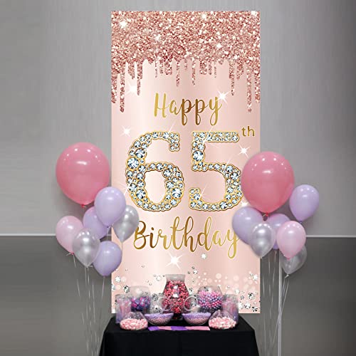 65th Birthday Decorations Door Banner for Women, Pink Rose Gold Happy 65 Birthday Backdrop Party Supplies, 65 Year Old Birthday Poster Door Cover Sign Decor