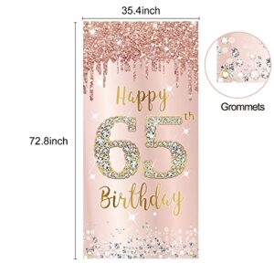 65th Birthday Decorations Door Banner for Women, Pink Rose Gold Happy 65 Birthday Backdrop Party Supplies, 65 Year Old Birthday Poster Door Cover Sign Decor