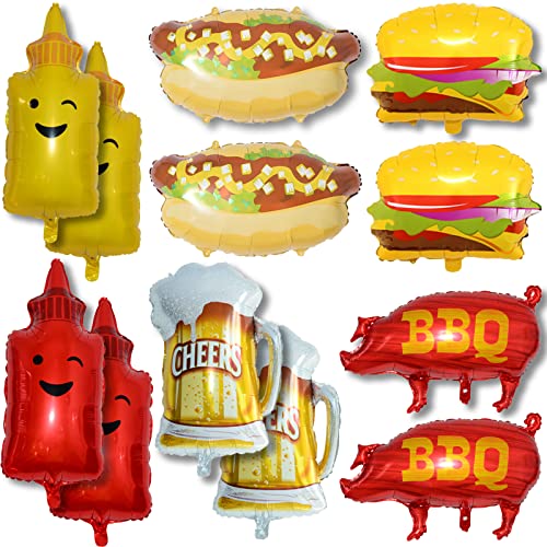 GUHAR 12 Pcs Fast Food Balloons Large Hamburger, Hot Dog ,Pig ,Beer , ketchup ,BBQ Party Balloons Yummy Style for Food Snacks Themed Barbecue Picnic Party Decorations