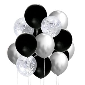 50 pcs 12 inches black and silver balloons, silver confetti balloons, black and silver metallic chrome balloons, black and silver birthday party decorations, new years eve party decorations