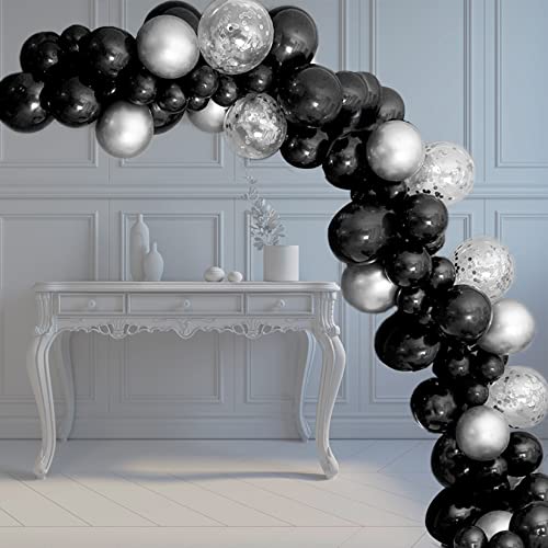 50 Pcs 12 Inches Black and Silver Balloons, Silver Confetti Balloons, Black and Silver Metallic Chrome Balloons, Black and Silver Birthday Party Decorations, New Years Eve Party Decorations