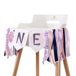 Outer Space Planets High Chair Banner - Astronaut Rocket 1st Birthday Girl High Chair ONE Banner - First Trip Around the Sun Party Decor (PINK GIRL SPACE HF)