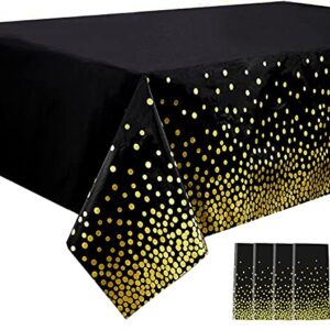 4 Pack Black Disposable Plastic Tablecloths 54x108 Inch Rectangle Table Cover with Gold Dot Confetti for Graduation, Birthday and Cocktail Party Anniversary Event