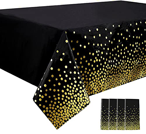 4 Pack Black Disposable Plastic Tablecloths 54x108 Inch Rectangle Table Cover with Gold Dot Confetti for Graduation, Birthday and Cocktail Party Anniversary Event