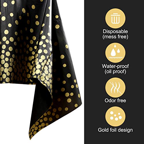 4 Pack Black Disposable Plastic Tablecloths 54x108 Inch Rectangle Table Cover with Gold Dot Confetti for Graduation, Birthday and Cocktail Party Anniversary Event