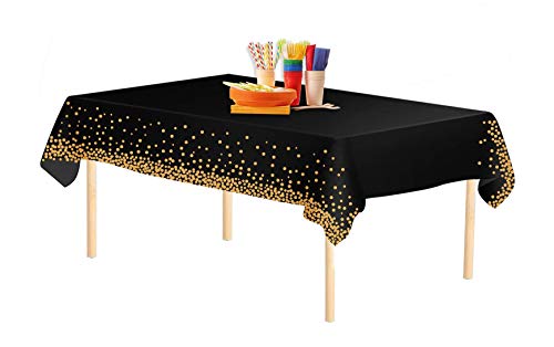 4 Pack Black Disposable Plastic Tablecloths 54x108 Inch Rectangle Table Cover with Gold Dot Confetti for Graduation, Birthday and Cocktail Party Anniversary Event