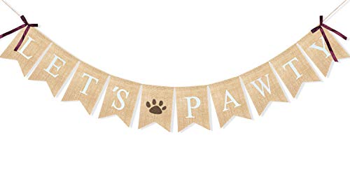 Uniwish Burlap Let’s Pawty Banner Dog Birthday Party Decorations Puppy Pet Dogs Cats Happy Birthday Paw Print Sign Photo Backdrop