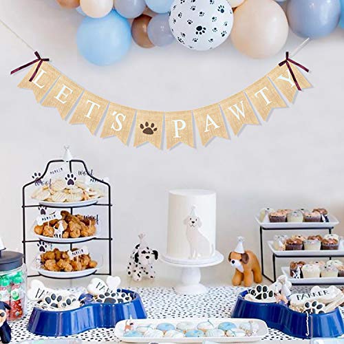 Uniwish Burlap Let’s Pawty Banner Dog Birthday Party Decorations Puppy Pet Dogs Cats Happy Birthday Paw Print Sign Photo Backdrop