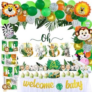 143 pcs safari baby shower decorations for boy, fiesec jungle themed décor oh baby backdrop balloon garland arch artificial leaves box cutout glitter banner cake cupcake topper zebra tiger lion green