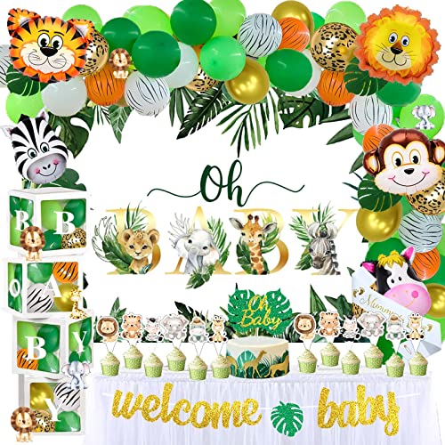 143 PCs Safari Baby Shower Decorations for Boy, Fiesec Jungle Themed Décor Oh Baby Backdrop Balloon Garland Arch Artificial Leaves Box Cutout Glitter Banner Cake Cupcake Topper Zebra Tiger Lion Green