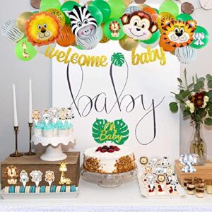 143 PCs Safari Baby Shower Decorations for Boy, Fiesec Jungle Themed Décor Oh Baby Backdrop Balloon Garland Arch Artificial Leaves Box Cutout Glitter Banner Cake Cupcake Topper Zebra Tiger Lion Green