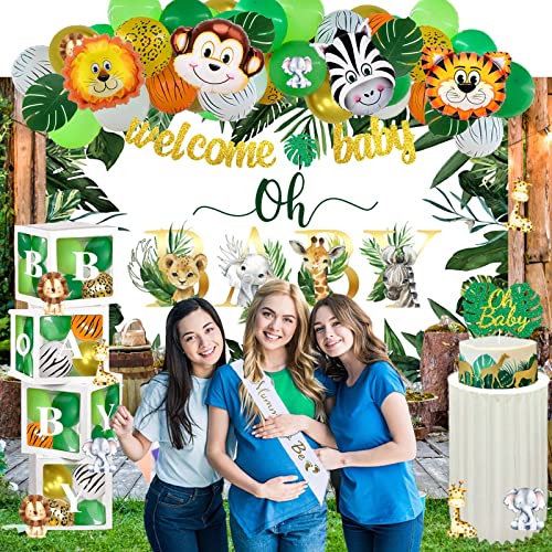 143 PCs Safari Baby Shower Decorations for Boy, Fiesec Jungle Themed Décor Oh Baby Backdrop Balloon Garland Arch Artificial Leaves Box Cutout Glitter Banner Cake Cupcake Topper Zebra Tiger Lion Green