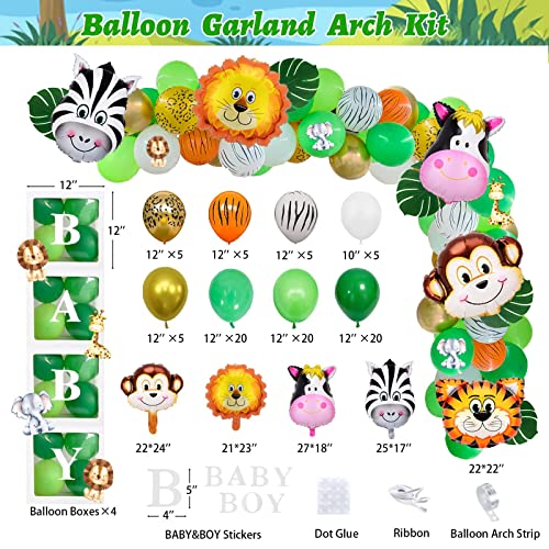 143 PCs Safari Baby Shower Decorations for Boy, Fiesec Jungle Themed Décor Oh Baby Backdrop Balloon Garland Arch Artificial Leaves Box Cutout Glitter Banner Cake Cupcake Topper Zebra Tiger Lion Green