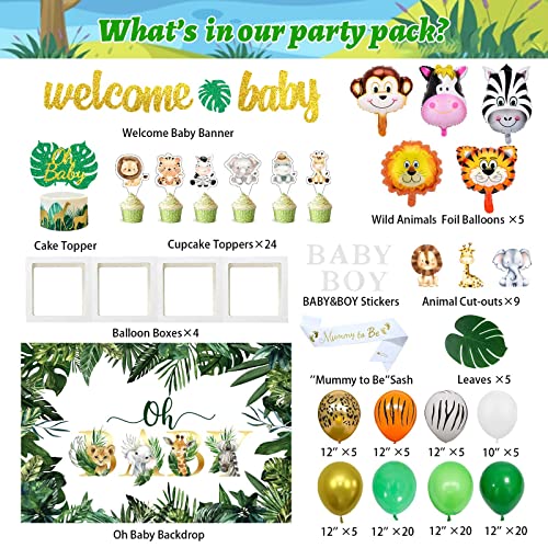 143 PCs Safari Baby Shower Decorations for Boy, Fiesec Jungle Themed Décor Oh Baby Backdrop Balloon Garland Arch Artificial Leaves Box Cutout Glitter Banner Cake Cupcake Topper Zebra Tiger Lion Green