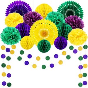 17 pieces gold purple green party decoration kit includes honeycomb balls pom poms paper flower hanging paper fans glitter circle garlands banner for mardi gras birthday wedding party decoration