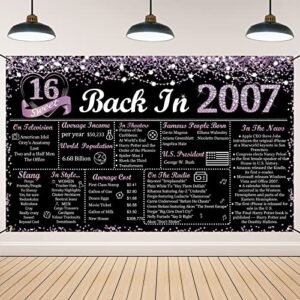 vlipoeasn sweet 16 birthday decorations for girls, purple and black glitter back in 2007 birthday backdrop banner, 70.86 x 43.3inch pink 16 years old party poster supplies
