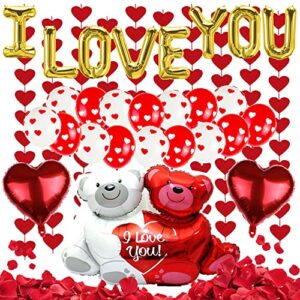 valentine’s day balloons decoration kit – i love you banner heart balloons kit with rose petals wedding flower decoration love-bear red heart balloons for valentine day party decorations