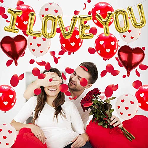 Valentine's Day Balloons Decoration Kit - I Love You Banner Heart Balloons Kit with Rose Petals Wedding Flower Decoration Love-Bear Red Heart Balloons for Valentine Day Party Decorations