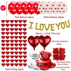 Valentine's Day Balloons Decoration Kit - I Love You Banner Heart Balloons Kit with Rose Petals Wedding Flower Decoration Love-Bear Red Heart Balloons for Valentine Day Party Decorations