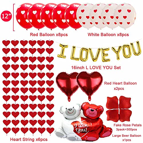 Valentine's Day Balloons Decoration Kit - I Love You Banner Heart Balloons Kit with Rose Petals Wedding Flower Decoration Love-Bear Red Heart Balloons for Valentine Day Party Decorations