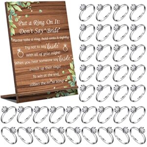 Put a Ring on It Bridal Shower Game with 100 Pcs Metal Fake Rings, Rustic Greenery Bridal Shower Favors Not Say Bride Rules Wedding Shower Games Wooden Bridal Shower Gifts for Guests (Silver)