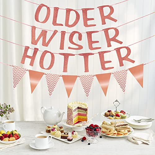 Older Wiser Hotter Banner, Funny Birthday Party Decorations for Adults, Rose Gold Glitter Party Supplies for Women, 30th 40th 50th 60th 70th 80th Bday Triangle Flags Sign Decor