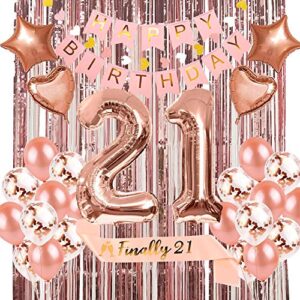 21st birthday decorations party supplies kit for her include finally 21st birthday sash, birthday banner, number 21 birthday balloons, rose gold curtain, heart & star foil balloon, latex balloons
