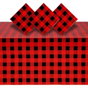 blue panda 3 pack buffalo plaid plastic tablecloth for lumberjack birthday party decorations, disposable red and black table cover (54 x 108 in)