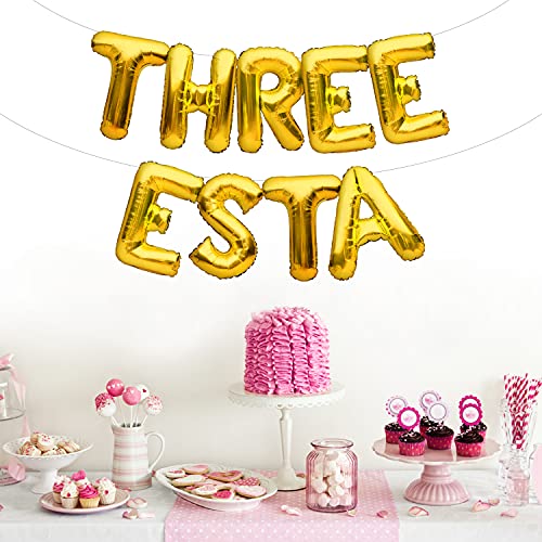 PartyForever Gold Three Esta Foil Balloon Banner Fiesta Themed 3rd Birthday Party Decoration and Supplies