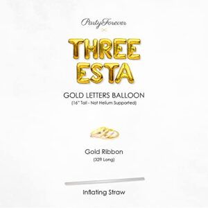 PartyForever Gold Three Esta Foil Balloon Banner Fiesta Themed 3rd Birthday Party Decoration and Supplies