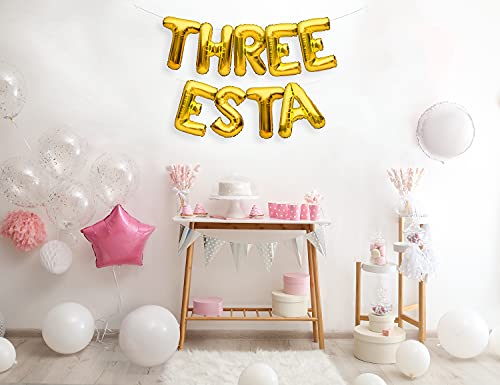 PartyForever Gold Three Esta Foil Balloon Banner Fiesta Themed 3rd Birthday Party Decoration and Supplies