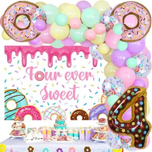 donut 4th birthday party decorations, four ever sweet birthday decorations – macaron balloon garland kit with doughnut foil balloons, 5 x 3 ft donut backdrop, number 4 foil balloon