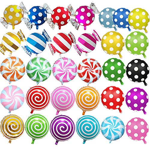 SOTOGO 31 Pieces Sweet Candy Balloons Round Lollipop Balloon Birthday Wedding Party Balloons Candy Dot Balloons Aluminum Balloons