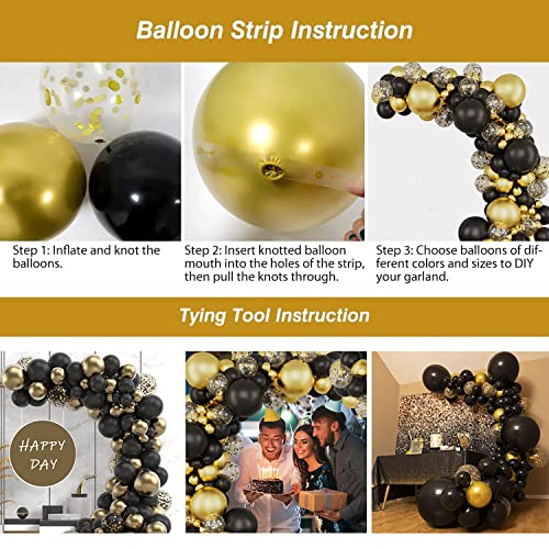 Black and Gold Balloon Garland Kit, 90Pcs Black and Gold Confetti Balloons Party Decorations 4 Sizes Black Gold Latex Party Balloons for Birthday Decorations, New Years, Wedding, Graduation