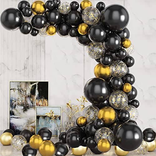 Black and Gold Balloon Garland Kit, 90Pcs Black and Gold Confetti Balloons Party Decorations 4 Sizes Black Gold Latex Party Balloons for Birthday Decorations, New Years, Wedding, Graduation