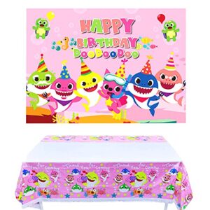 Pink Shark Baby Backdrop and Tablecloth,5x3ft Polyester Shark Photography Background Undersea World Shark Table Cover 70.8x42.5 Inch for Girls Birthday Decorations